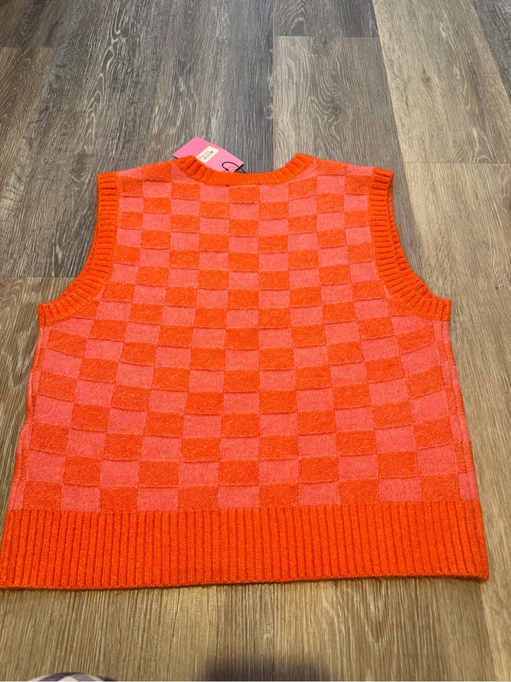 THML Pink and Orange Checker Knit V‑Neck Sweater Vest - Picture 3 of 5